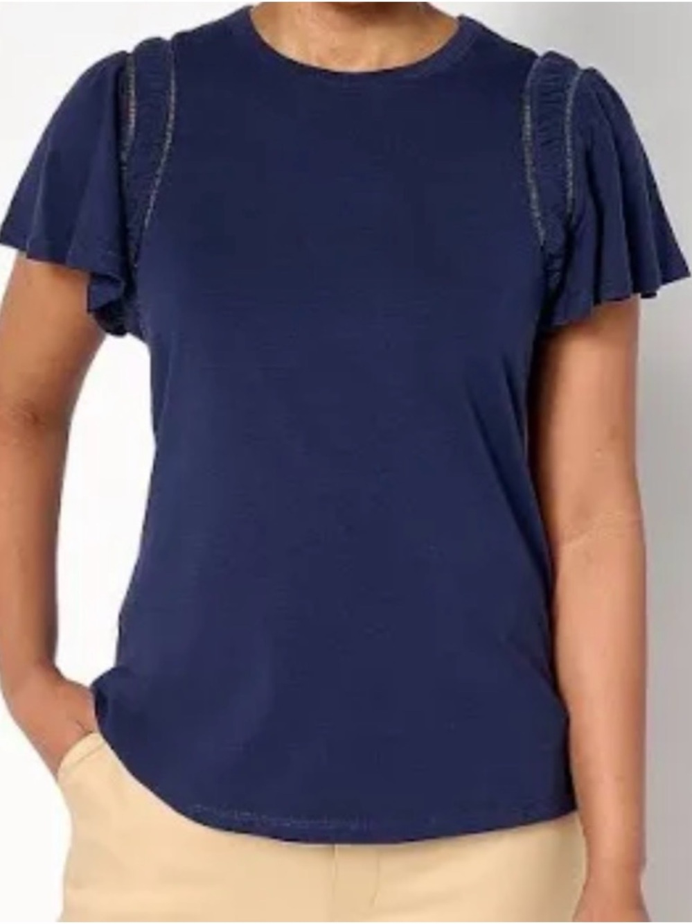 New Studio Park Flutter Sleeve Crew-Neck Knit Top Navy size Large
